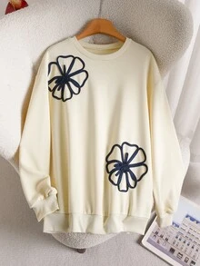CosyJoli Women's 3D Floral Decor Crew Neck Long Sleeve Sweatshirt - Apricot - View 5