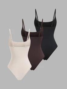 Sweetra Set Bodysuit Wanita Ukuran Besar Warna Polos Kasual dengan Tali Bahu Tipis, 3 Potong - MultiWarna - View 2