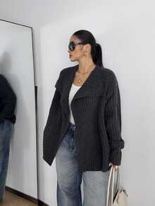 POPSWAY Plus Size Casual Waterfall Collar Ribbed Knit Cardigan, Loose Long Sleeve OpenFront Solid Dark Grey Knitted Jacket - Grey - View 7