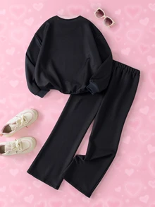 THE POWERPUFF GIRLS X SHEIN Bộ áo nỉ tay dài và quần dài in họa tiết hoạt hình cho bé gái tuổi teen - màu đen - Xem 2