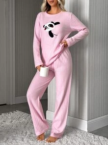 SHEIN Women Pink Cute Panda Embroidery Ribbed Long Sleeve Top & Pants Pajama Set - Pink - View 3