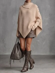 SHEIN Women's Asymmetric Design Single-Sided Button Decor Cape Batwing Sleeve High Neck Long Sleeve Ribbed Knit Sweater, Fashionable And Elegant, Suitable For Daily Commute, Dating, Shopping - Khaki - View 3