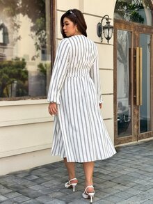 Easura Plus Size Streetwear Striped Colorblock Waist-Cinching Dress - Black and White - View 2