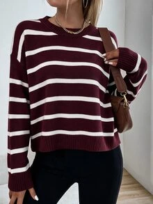 SHEIN Unity كنزة صوفية نسائية مخططة بياقة دائرية وأكمام طويلة منسدلة كاجوال - Merry Berry - مشاهدة 3