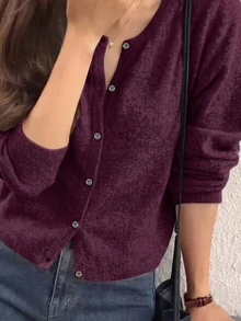INAWLY 女款素色休閒百搭日常外出開襟衫 - 中紫紅色 - 查看 3