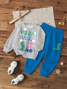 Peppa Pig X SHEIN طقم كاجوال للأولاد الصغار مكون من سويت شيرت بأكمام طويلة وبنطال رياضي بطبعة كرتونية وحروف - أبيض - مشاهدة 1
