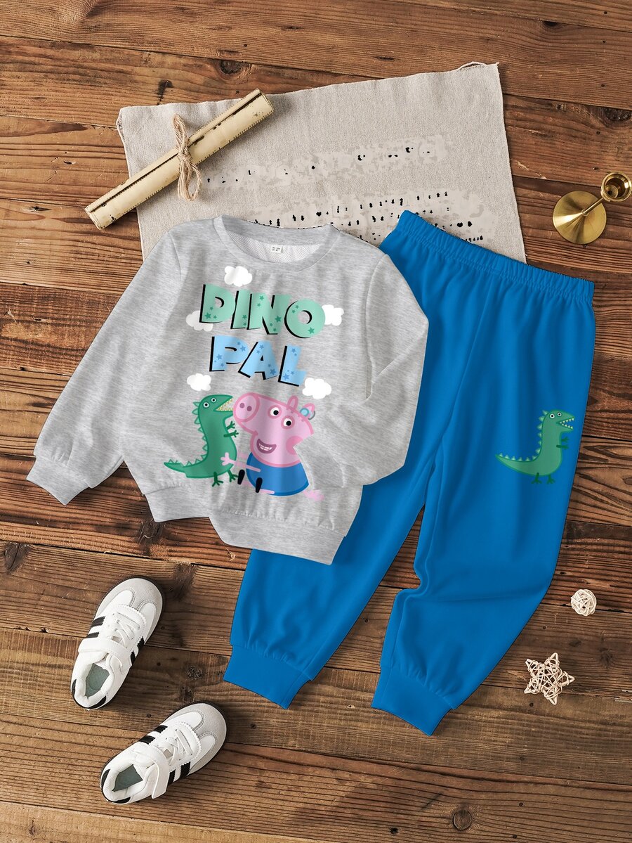 Peppa Pig X SHEIN طقم كاجوال للأولاد الصغار مكون من سويت شيرت بأكمام طويلة وبنطال رياضي بطبعة كرتونية وحروف - أبيض - مشاهدة 1