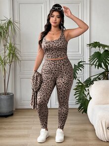 SHEIN EZwear Plus Size Women Leopard Print Inner Layer And Long Sleeve Top And Leggings Casual Daily Outfit Set - Brown - View 5