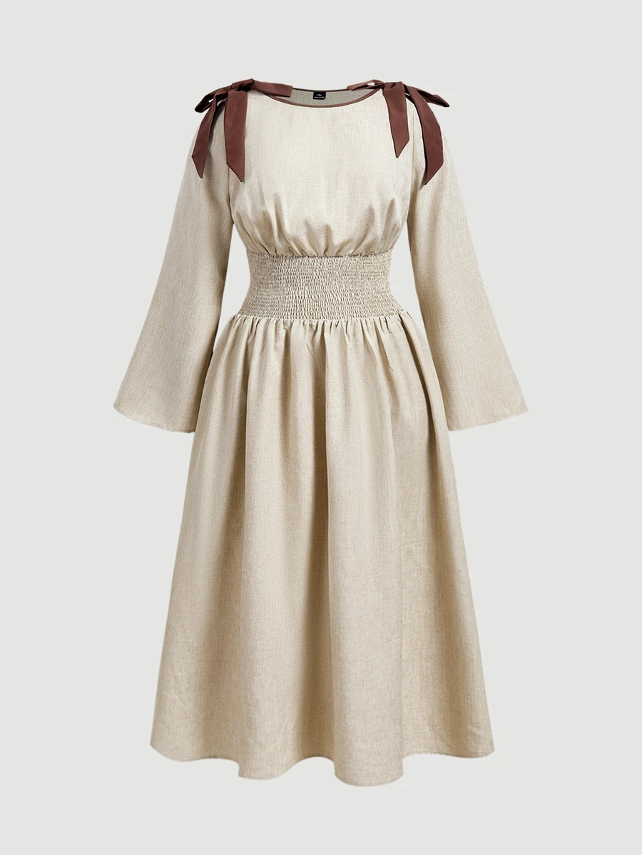 SHEIN MOD Plus Size Women's Casual Dress With Bowknot Shoulder Decor And Shirred Waist Fall - Apricot - View 1