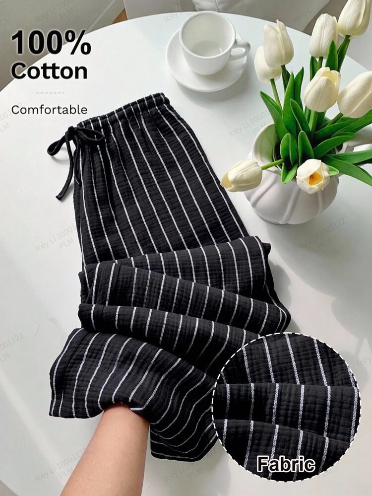 SHEIN EZwear Women's Casual Striped Colorblock Drawstring Waist Long Pants - Black - View 4