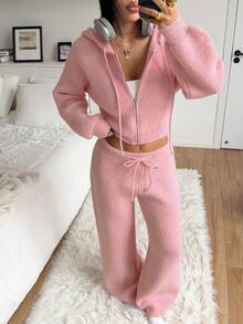 StreetHx Women's Sweet Zipper Hooded Sweater And Drawstring Waist Knit Pants Set - Pink - View 3