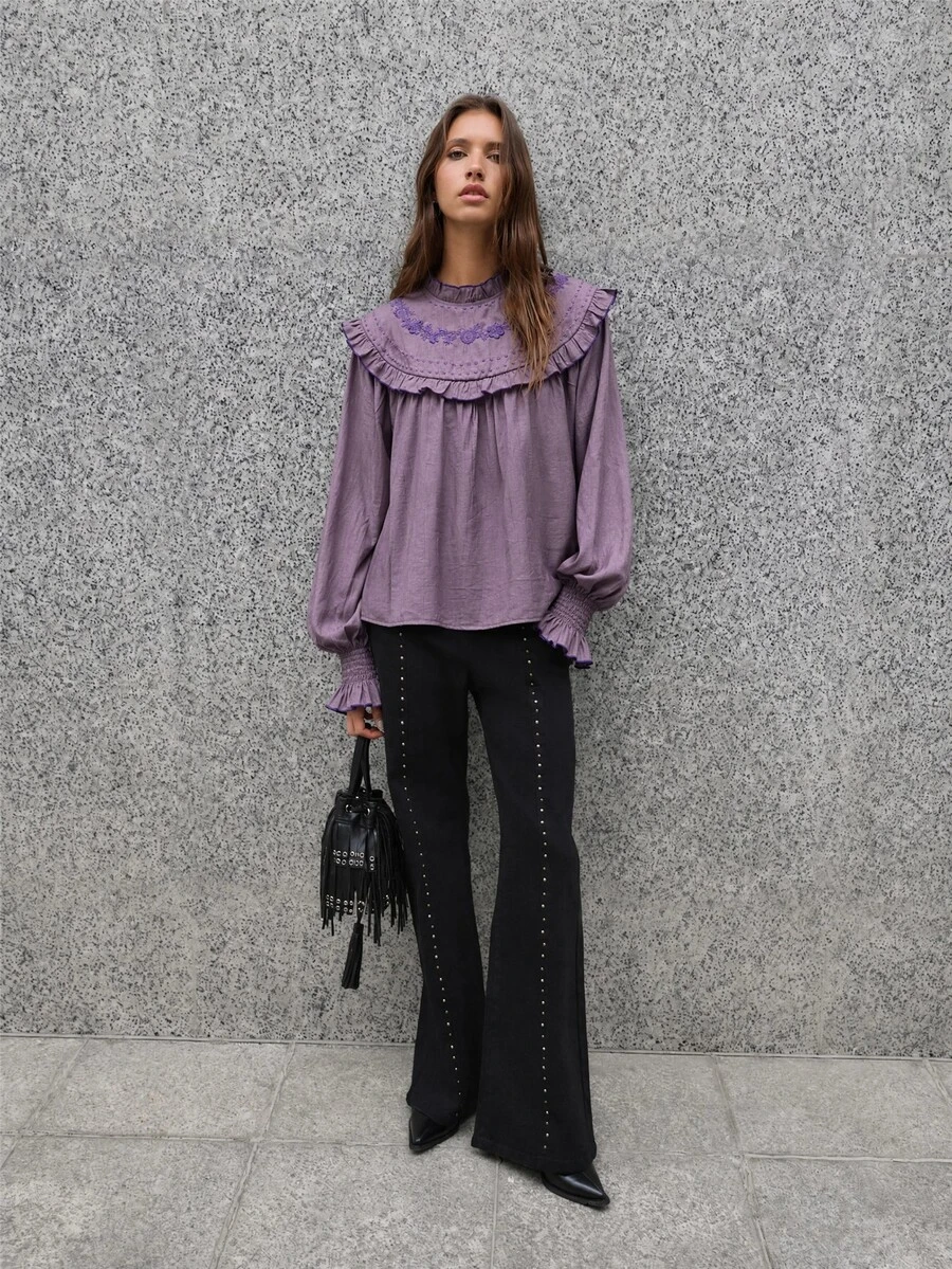 Nöista Blus Longgar Berkerut dengan Bordir Bunga - Dusty Pink - View 1