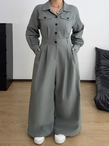 POPSWAY Jumpsuit utility casual nữ size lớn màu trơn tay dài cài nửa nút - Màu xanh bụi bặm - Xem 5