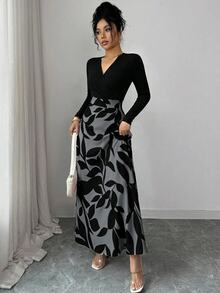 Elenzga Robe grande taille pour femmes à col en V, manches longues, Top en tricot côtelé, jupe à imprimé feuilles, bloc de couleurs, robe fluide amincissante coupe A pour rendez-vous et sorties - Multicolore - Voir 6