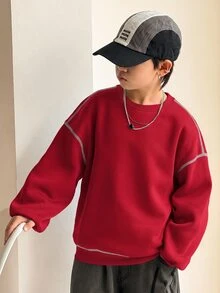SHEIN Little Byeori 兒童青少年男孩休閒韓系寬鬆撞色圓領運動衫，適合學校、日常休閒穿著、運動，秋冬款 - 紅色 - 查看 7