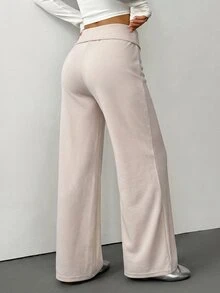 SHEIN PETITE 女款極簡百搭寬鬆長褲，適合日常穿著 - 卡其色 - 查看 3