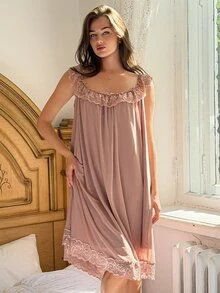 DAZY Women's Contrast Lace Ruffle Elegant Nightgown - Pink - View 5