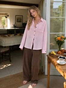 DAZY Autumn/Winter Minimalist Loose Relaxed Fit Shirt Style Women's Loungewear Set - Pink - View 5