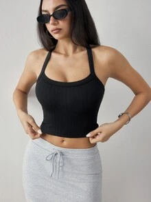 SHEIN Dewbera Women's Solid Color Cropped Halter Neck Tank Top For Daily Fitness And Sports - Black - View 4