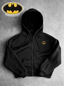 BATMAN X SHEIN Manfinity EMRG Men's Cartoon Embroidered Zipper Placket Casual Drawstring Hooded Sweatshirt - Black - View 1