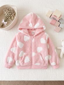 SHEIN Baby Girl Heart Pattern Casual Daily Hooded Jacket - Pink - View 7