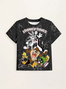 LOONEY TUNES X SHEIN تي شيرت كاجوال للأولاد الصغار بطبعة كرتونية للأحرف، بياقة دائرية وأكمام قصيرة - أبيض - مشاهدة 5