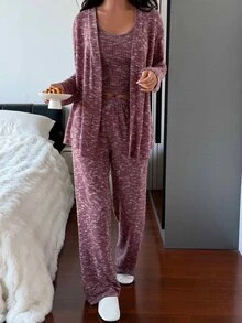 DAZY Women's Tie-Dye Long Sleeve Robe, Round Neck Tank Top And Pants Casual Pajama Set - Burgundy - View 11