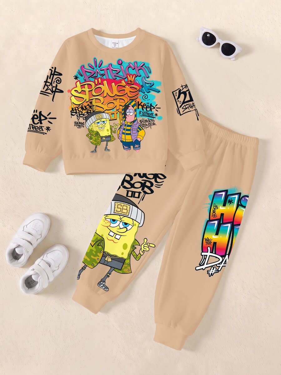 SpongeBob SquarePants | SHEIN طقم كاجوال للأولاد الصغار مكون من سويت شيرت بأكمام طويلة مطبوع عليه حروف وبنطال رياضي - أبيض - مشاهدة 1