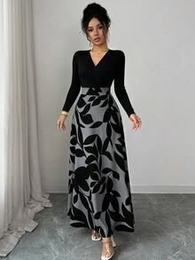 Elenzga Robe grande taille pour femmes à col en V, manches longues, Top en tricot côtelé, jupe à imprimé feuilles, bloc de couleurs, robe fluide amincissante coupe A pour rendez-vous et sorties - Multicolore - Voir 3