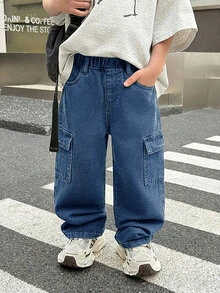 SHEIN 男童黑色丹寧寬鬆工裝褲 - 中等水洗藍 - 查看 6
