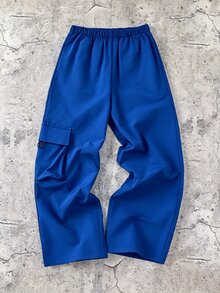 SHEIN 青少年男孩休閒日常舒適工裝直筒寬鬆長褲，黑色工裝褲，新年，6-7歲，適合外出、出遊、上學，春、夏、秋、冬 - 寶藍色 - 查看 5