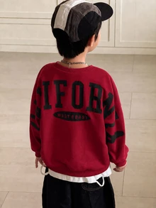 SHEIN Little Byeori 1件青少年男孩休閒學院風舒適時尚極簡街頭風寬鬆版實用百搭大字母圖案厚款衛衣，適合日常穿著、上學、旅行、運動，秋冬款 - 紅色 - 查看 4