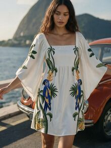 CAJUNI Short-Sleeve Dress With Tropical Macaw And Toucan Print - Multicolor - View 9