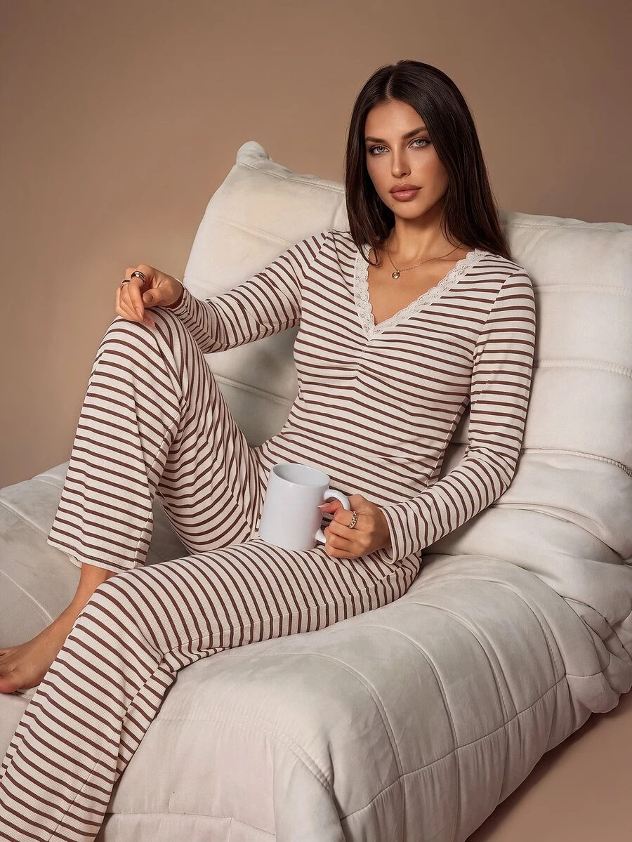 Lazeform Apricot Brown Ribbed Ribbed V-Neck Lace Trim Top And Straight Leg Pants Women's Loungewear 2 Pieces Set - Multicolor - View 1