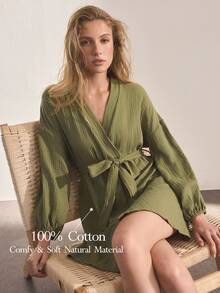 Ocili Leisure Pure Cotton Double-Layer Crepe Minimalist Comfortable Neutral Soft Long Sleeve Robe Sleepwear Women's Loungewear - Dark Green - View 1