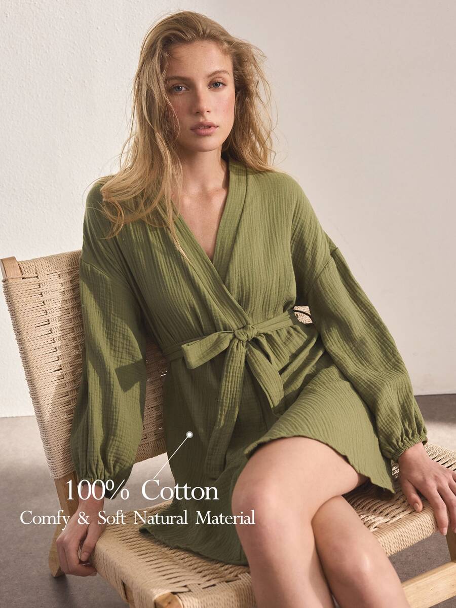 Ocili Leisure Pure Cotton Double-Layer Crepe Minimalist Comfortable Neutral Soft Long Sleeve Robe Sleepwear Women's Loungewear - Dark Green - View 1