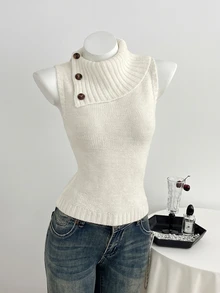Elamini Women's Casual Versatile Design Collar Vintage Commute Daily Wear Autumn/Winter Slim Fit Sweater Vest - White - View 4