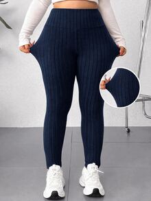 SHEIN EZwear 大尺碼休閒百搭高腰黑色緊身褲，夏季穿搭，女性沙灘穿搭，夏季度假穿搭，度假穿搭 - 藏蓝色 - 查看 1