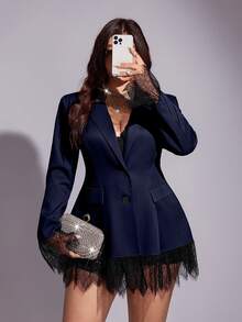 Viva Relle Blazer Elegan Wanita Ukuran Plus dengan Kerah Berenda Kontras - Navy Blue - View 3