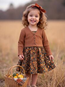 SHEIN Babygirl Cute Ditsy Floral Spaghetti Strap Dress & Knit Brown Cardigan Set - Red - View 1