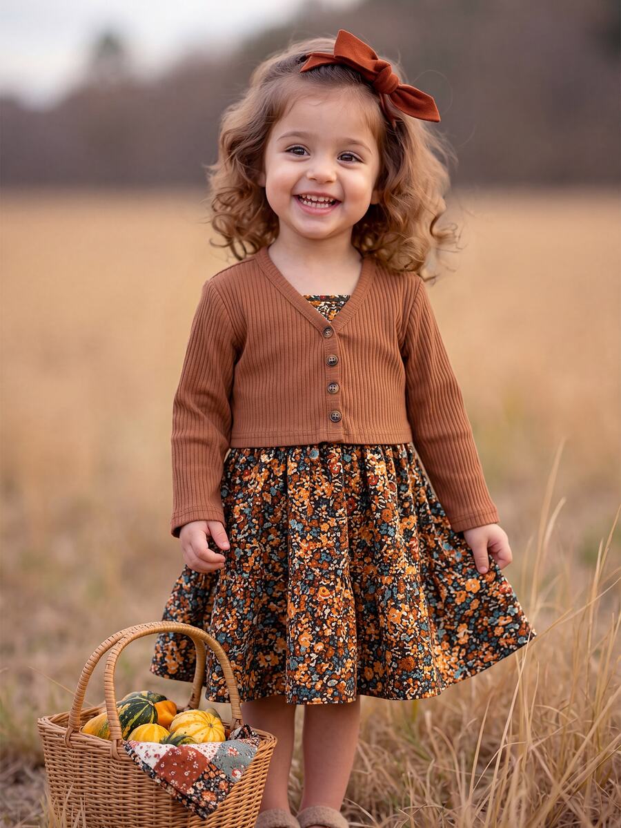 SHEIN Babygirl Cute Ditsy Floral Spaghetti Strap Dress & Knit Brown Cardigan Set - Red - View 1