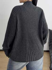 POPSWAY Plus Size Casual Waterfall Collar Ribbed Knit Cardigan, Loose Long Sleeve OpenFront Solid Dark Grey Knitted Jacket - Grey - View 2
