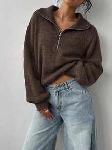 SHEIN BASICS Women's Raglan Long Sleeve Half-Zip Casual Sweatshirt - Coffee Brown - View 4
