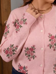 EMERY ROSE Plus Size Women's New Fashion Printed Thin Knit Cardigan, Casual Versatile Lightweight Jacket For Spring And Autumn - Pink - View 8