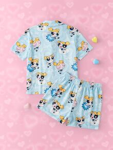 THE POWERPUFF GIRLS X SHEIN Tween Girl Cartoon Print Short Sleeve Top And Shorts Casual Daily Home Sleepwear Set - Blue - View 2