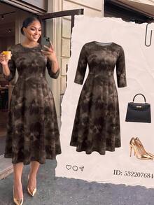 SHEIN Lady CURVE 大尺碼優雅傳統通勤復古花卉圖案洋裝－適用於教師節、正式辦公室與雞尾酒會（棕色花卉秋冬風） - 彩色 - 查看 7