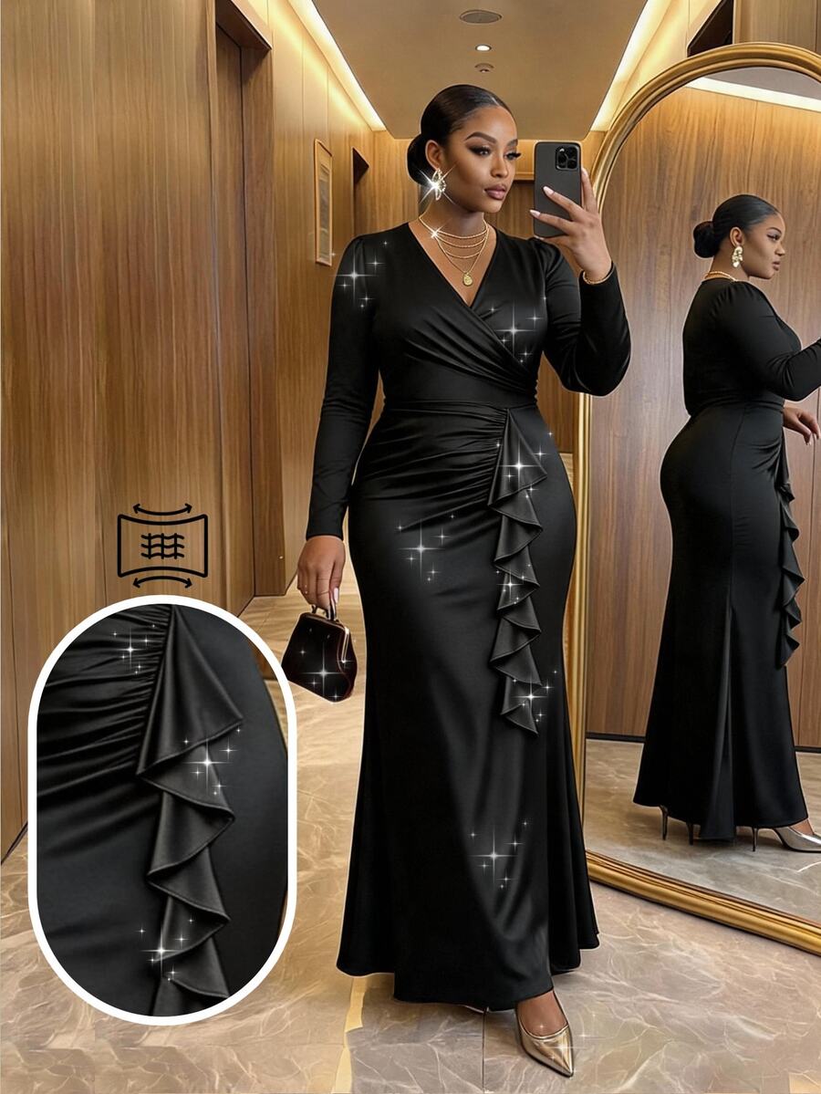 SHEIN Lady CURVE Plus Size Elegant Elegant Ruffle Decor Long Sleeve Dress - Black - View 1