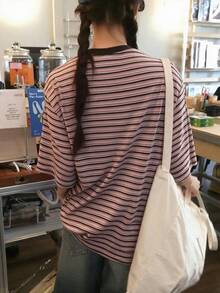 DAZY Contrast Color Striped Top Casual Daily Korean Style Spring Autumn Women's T-Shirt - Pink - View 9