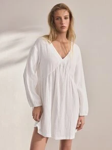 Ocili Women's Solid Color Pure Cotton Comfortable Minimalist Long Sleeve Nightgown Loungewear Dress - White - View 2