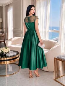 Auveirra Plus Size Women's Mesh Patchwork Casual Party Dress - Dark Green - View 2